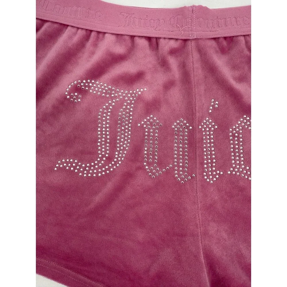 Juicy Couture Rhinestone Logo Pink Velour Lounge Shorts XL Y2K Revive - Picture 6 of 13